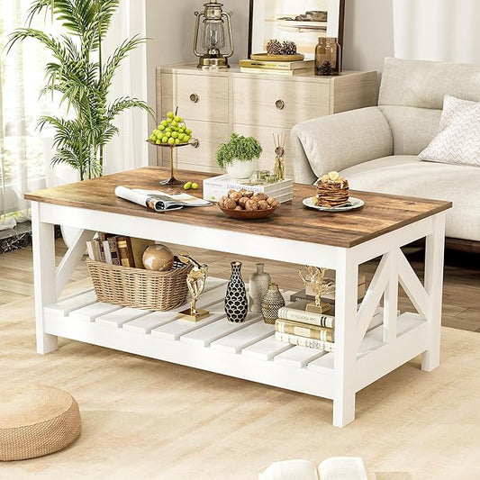 JUMMICO 39” Farmhouse Coffee Table for Living Room, 2-Tier Modern Living Room Table with Storage Shelf, Rustic Rectangular Center Table Space Saving Home Furniture (Rustic Oak & White)