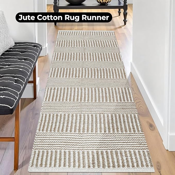 Bedding Craft Jute Cotton Stripe Area Rug Runner for Living Room 24x72 Inch - Natural Ivory - Machine Washable 2x6 Feet Rugs - 70% Jute and 30% Cotton