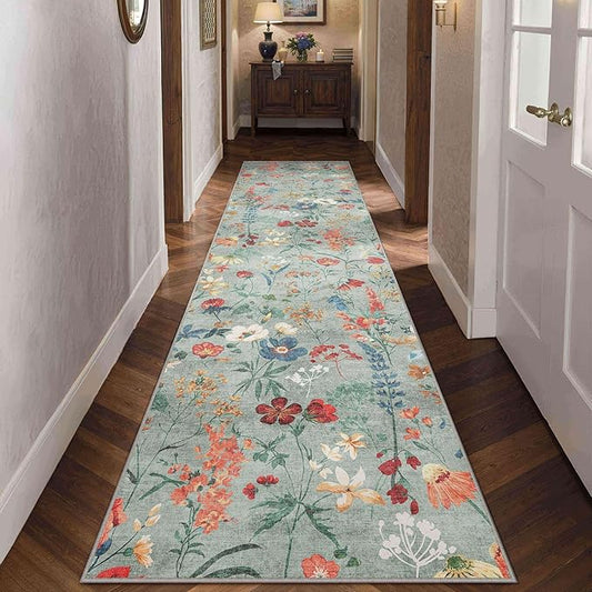Floral Runner Rug 3x12 Washable Hallway Long Green Bedroom Carpet Non Slip Indoor Boho Kitchen Low Pile Accent Rug Lightweight Soft for Bathroom Dining Laundry Living Room