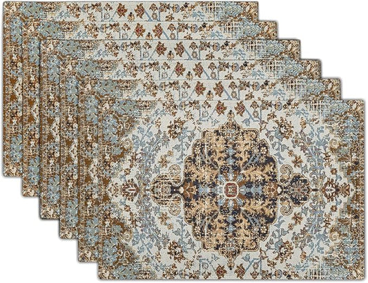 Ethnic Boho Placemats Set of 6 Bohemian Carpet Vintage Black Teal Grey Floral Linen Washable Kitchen Dining Table Mats Stain Heat-Resistant Desktop Decor Place Mats for Home Party Indoor 12x18 in