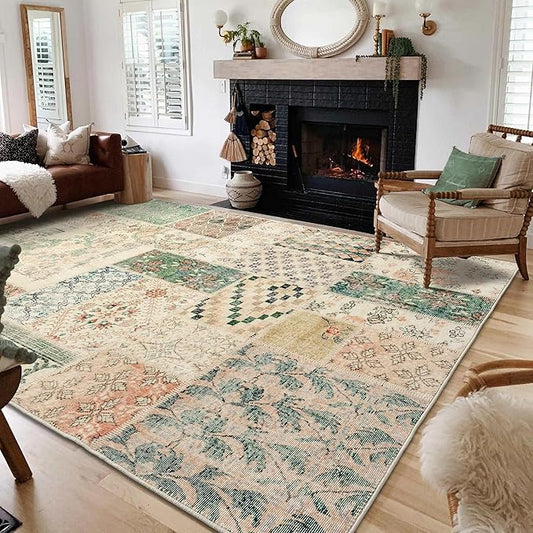 5x8 Area Rug for Living Room,Floral Botanical Plaid Geometric Neutral Washable Non Slip Vintage Rustic Farmhouse Boho Rugs for Bedroom Dining Room,Light Tan Beige Brown and Green Rust Burnt Orange
