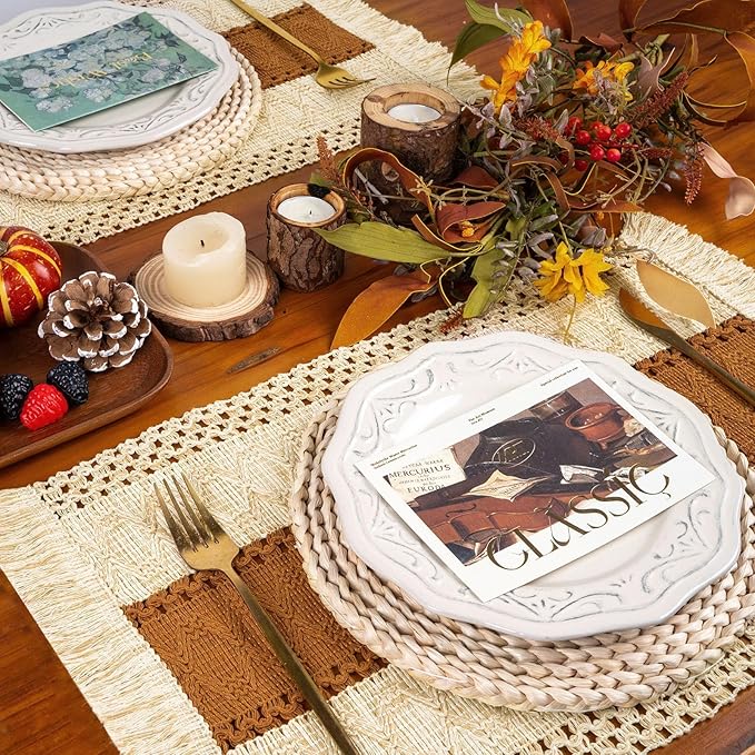 FEXIA Boho Placemats Set of 4, Macrame Table Decor and Farmhouse Style Placemats Natural Cotton Burlap, for Dining Table, Caramel