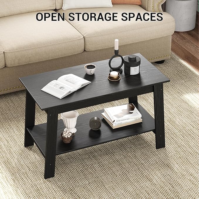 2-Tie Coffee Table, Rustic Wood Living Room Tables with Open Rectangular Storage Compartment, Coffee Tables for Living Room, Outdoors, Home Office, Bedroom, Black
