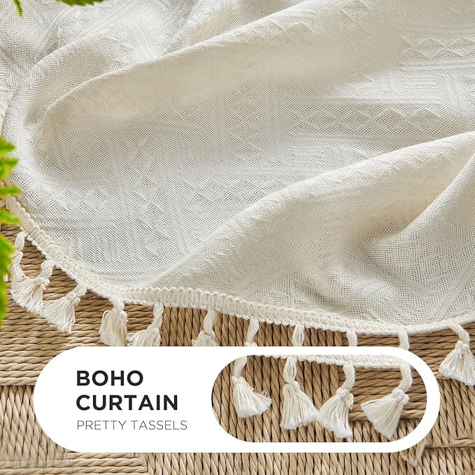 Joydeco Beige Boho Curtains 108 Inches Long 2 Panels, Super Soft Bohemian Farmhouse Curtains with Tassels, Semi Sheer Light Filtering Drapes for Bedroom Living Room (Rod Pocket, 52Wx108L)