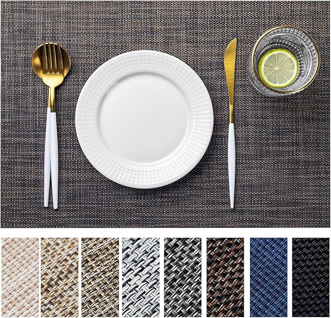 LEXMORE PlaceMats Set of 12 Vinyl/Plastic Woven Place Mats for Kitchen Table Indoor/Outdoor Washable PlaceMat Wipeable Dining Table Mats(Black/Brown)