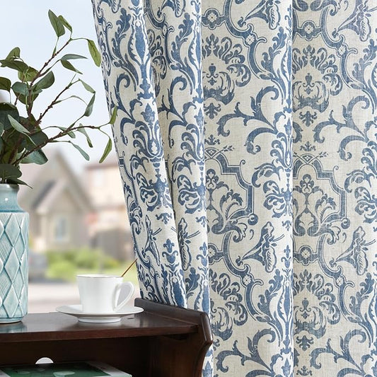 jinchan Curtains for Bedroom, Light Filtering Curtains 90 Inch Length 2 Panels Set, Baroque Style Linen Drapes for Living Room, Vintage Damask Patterned Window Treatments, Grommet Slate Blue on Flax
