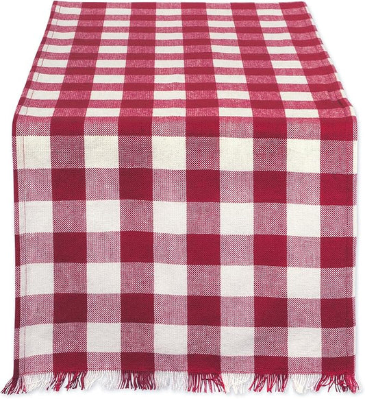 DII Heavyweight Fringed Check Tabletop Collection, Table Runner, 14x72, Wine
