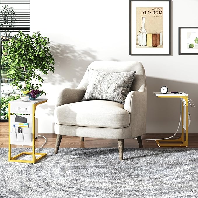 TUTOTAK C Shaped End Table with Charging Station, Side Table for Sofa, Couch Table with Storage Bag, Set of 2, TV Tray Table with 2 USB Ports and Outlets for Living Room, Bedroom, TB01BWG0242