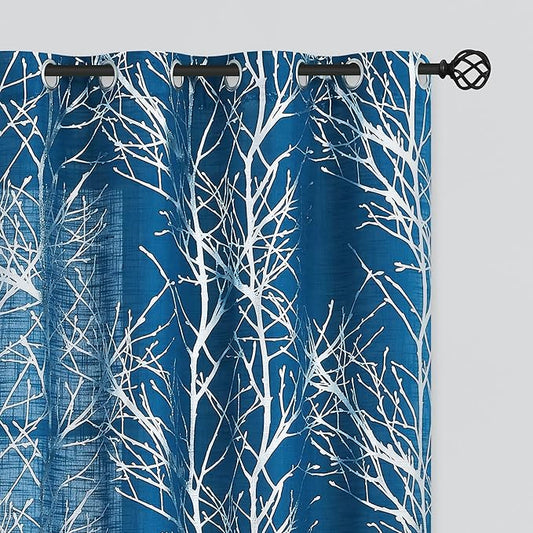 FMFUNCTEX Linen Semi Sheer Curtains for Bedroom, Silver Foil Curtains 84 Inches Long for Living Room, Silver Metallic Print Navy Blue Tree Panel for Windows, Light Filtering Curtains Grommet 2 Panels