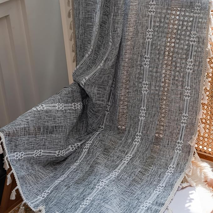 ColorBird Dark Grey Curtains for Bedroom, Linen Darkening Drapes 63 Inch Length 2 Panels, Embroiderey Boho Farmhouse Room Divider Curtains for Living Room Dining Nursery Closet