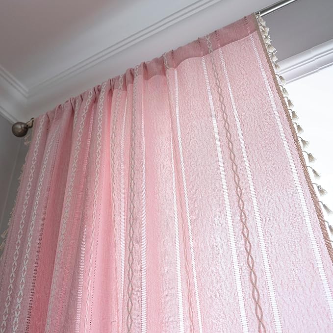 Sutuo Home Boho Curtain for Bedroom Living Room Nursery Kitchen, Light Filtering Country Farmhouse Vintage Chic Tassels Hollow Window Treatment Bohemian Drape, 1 Panel 52" W x 96" L, Pink