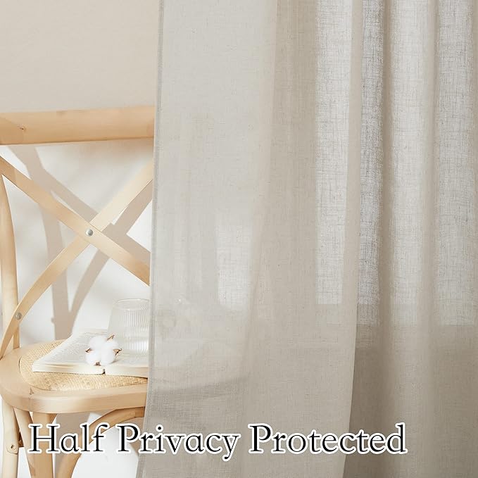RYB HOME Linen Sheer Curtains Rich Linen Woven Soft Absorbent Drapes UV Rays Protection Light Filtering for Party Backdrop, Farmhouse, Doorway, Lobby, Hotel, W 52 x L 108 inch, 2 Pack, Angora