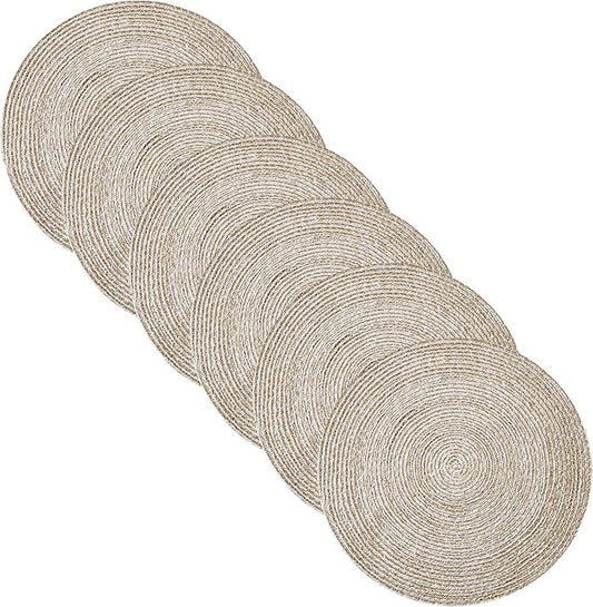 Round Placemats Set of 6-100% Cotton Two-Tone Placemat for Dining Table - Woven Braided Table Setting Place Mat - Washable Table Decor for Kitchen, Farmhouse, Rustic, Everyday Use, Eggshell