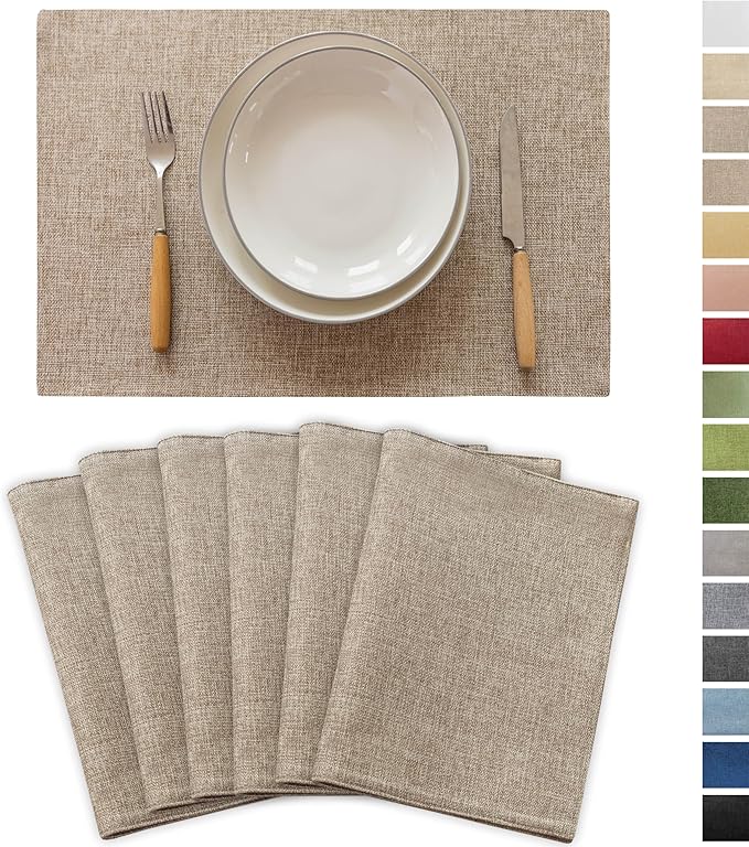 Demetex Linen Placemats Set of 6 Heat Resistant Wipeable Cloth Table Place Mats for Dining Table Indoor Restaurants, 13 x 19 inches, Linen