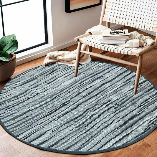Area Rugs 4Ft Round Charcoal Cotton Rug Farmhouse Handwoven for Bedroom, Bathroom,Living Room | Boho Reversible Washable RagRug Circle Carpet for Kitchen, Patio, Kids Playroom, Nursery
