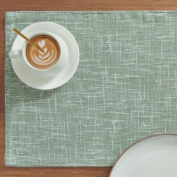 JINCHAN Burlap Textured Placemats Set of Four Farmhouse Cloth Place Mats Table Mats Sturdy Fabric Placemats for Kitchen Dining Table Double Layer Heat Resistant Tablemats 13 x 19 Inch Sage Green