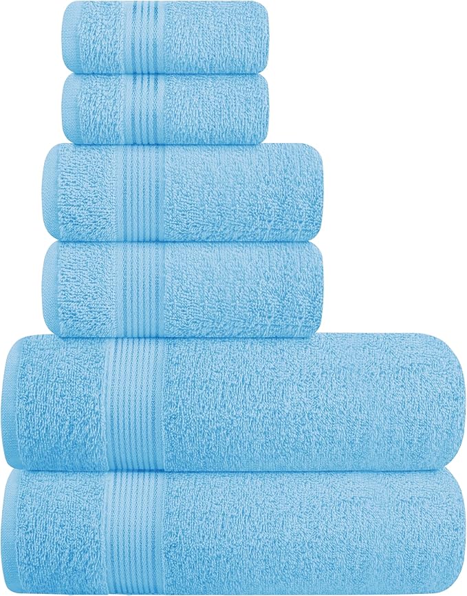 Belizzi Home Ultra Soft 6 Pack Cotton Towel Set, Contains 2 Bath Towels 28x55 inch, 2 Hand Towels 16x24 inch & 2 Wash Coths 12x12 inch, Ideal for Everyday use, Compact & Lightweight - Sky Blue