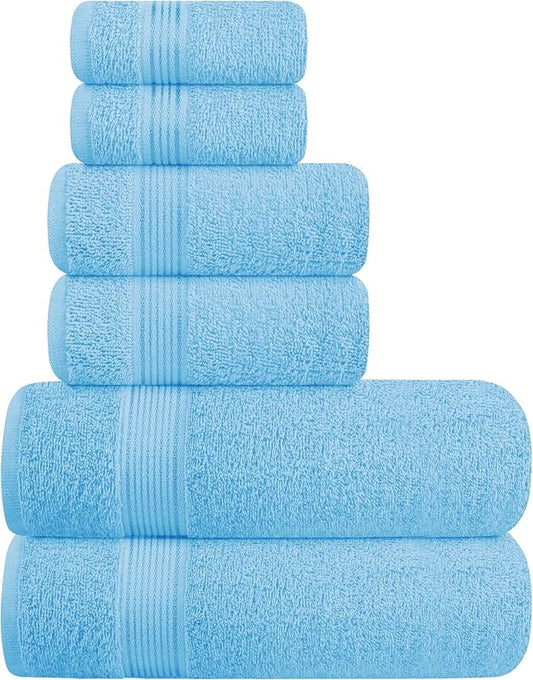 Belizzi Home Ultra Soft 6 Pack Cotton Towel Set, Contains 2 Bath Towels 28x55 inch, 2 Hand Towels 16x24 inch & 2 Wash Coths 12x12 inch, Ideal for Everyday use, Compact & Lightweight - Sky Blue