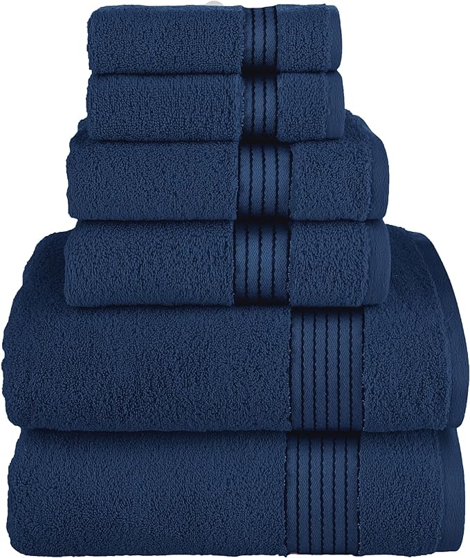 Elegant Comfort Premium Cotton 6-Piece Towel Set, Includes 2 Washcloths, 2 Hand Towels and 2 Bath Towels, 100% Turkish Cotton - Highly Absorbent and Super Soft Towels for Bathroom, Navy