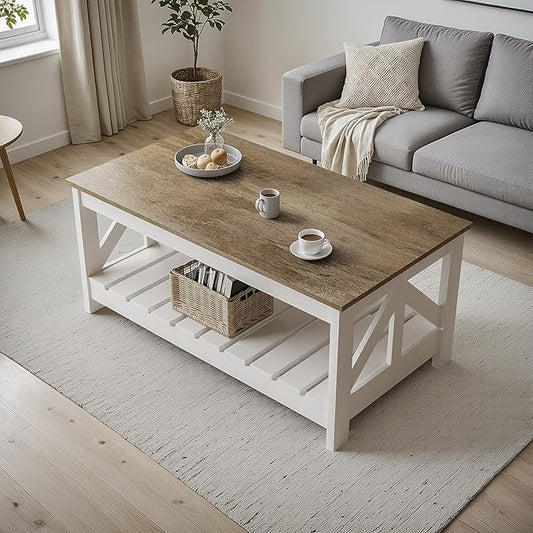 YESHOMY 39" Farmhouse Coffee Table, Coffee Tables for Living Room, Farmhouse Square Coffee Table with Storage, Couch Table, Small Tables for Small Spaces, Gray and White
