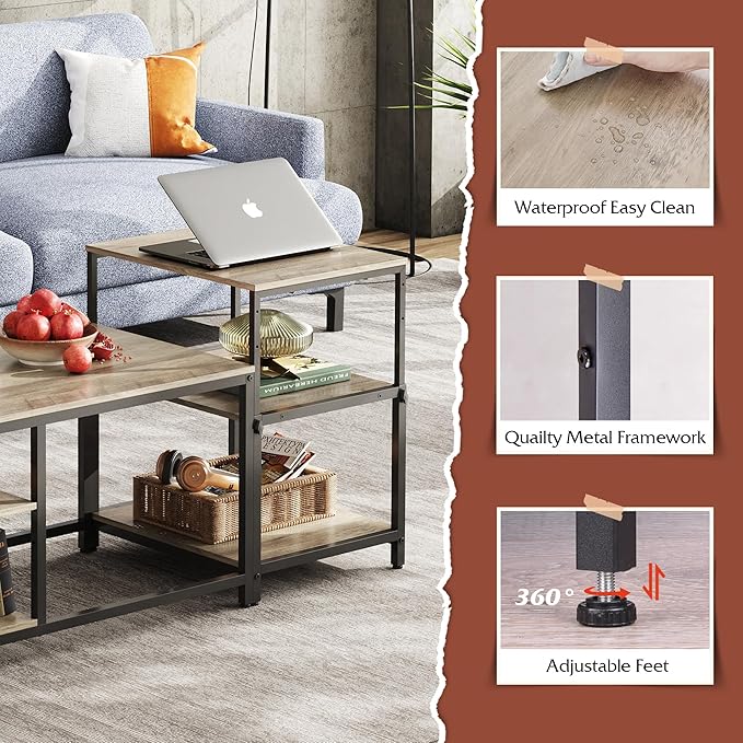 WLIVE Coffee Table, Adjustable Coffee Table Set of 2, Small End Table for Living Room, Bedroom, Grey