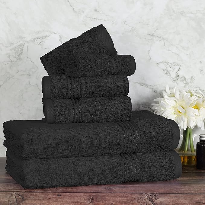 Superior Egyptian Cotton 6-Piece Towel Set, Bathroom Essentials, Towels For Bathroom, Apartment, Airbnb, Guest Bath, Face, Hand, Bath Towels, Washcloths, Absorbent, Fast Drying, Black