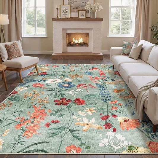 Green Area Rug 8x10 Floral Washable Living Room Kitchen Boho Carpet Non Slip Low Pile Indoor Accent Lightweight Soft Throw Rug for Bedroom Office Dining Room Nursery Farmhouse