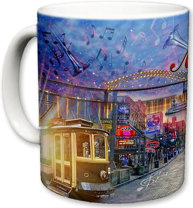 Sweet Gisele City of Memphis Inspired Mug, Ceramic Coffee Cup, Downtown Streets, Home of the Blues, Music Note Accents, Colorful Detailing, Nightlife Scenery, Great Novelty Gifts 11 Fl Oz