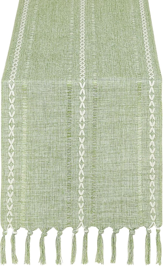 Rustic Farmhouse Style Linen Table Runner, Boho Handmade Tassel Embroidered Small Table Runners 48 Inches Long for Holiday Party, Christmas and Dining Decorations, 13 inchW X 48 inchL - Sage Green