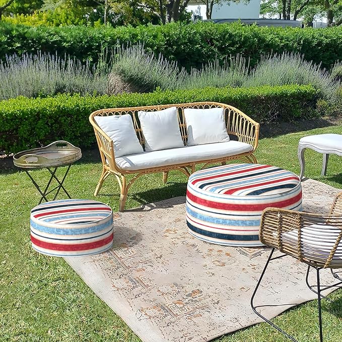 LVTXIII Inflatable Stool Ottoman Footrest with Handle, Decorative Fade-Resistant Foot Stool, Indoor or Outdoor Pouf for Home Garden and Camping Use, D21 x W 21 x H9, Stripe Red Blue