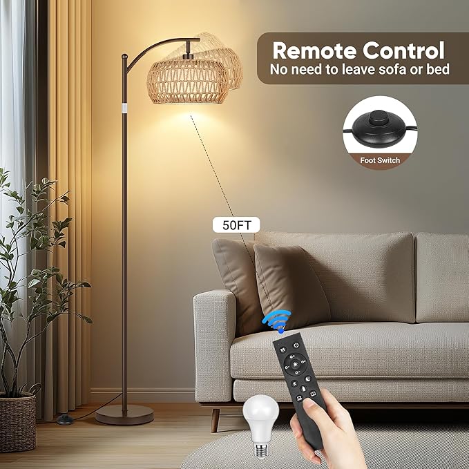 ROTTOGOON Boho Floor Lamp with Dimmable Bulb, Rattan &Linen Double Shades, Boho Standing Tall Lamps with Foot Switch, Brown Bohemian Floor Lamps for Living Room, Bedroom, Office