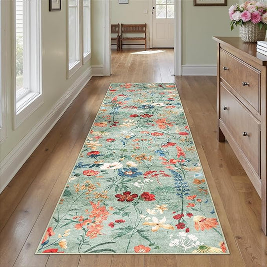 Floral Runner Rug 3x7 Washable Hallway Long Green Bedroom Carpet Non Slip Indoor Boho Kitchen Low Pile Accent Rug Lightweight Soft for Bathroom Dining Laundry Living Room