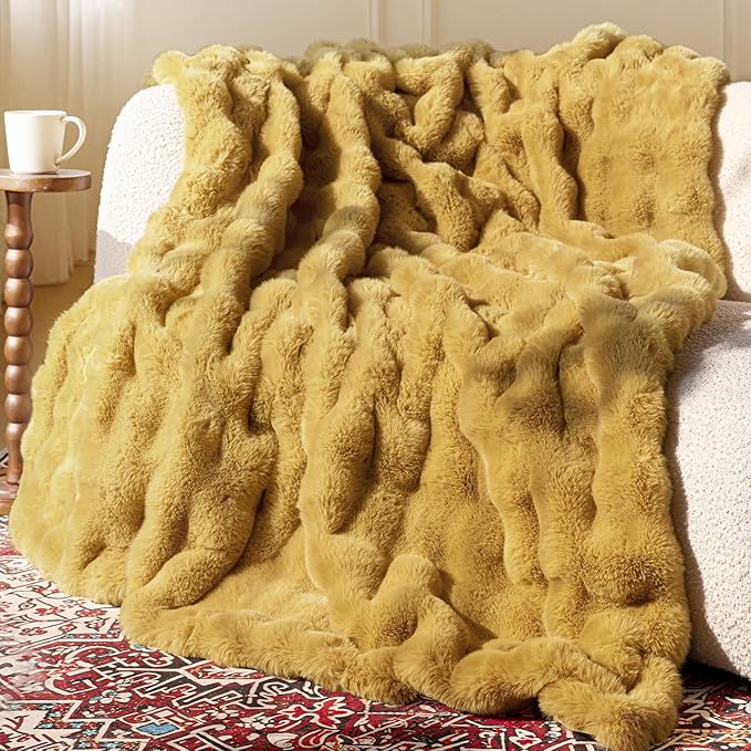 Ultra Soft Cozy Faux Fur Throw Blanket, Fuzzy Plush Thick Bubble Blanket, Oversize Luxury Fluffy Blanket for Couch, Sofa, Bedroom, and Living Room, Gifts for Women and Girls, 50x60 Inches, Dark Yellow