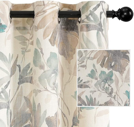 MYSKY HOME Floral Semi Sheer Curtains 108 Inches Long - Light Filtering Drapes for Living Room and Bathroom - Printing Window Treatment With Grommets, 2 Panels, Brown and Natural