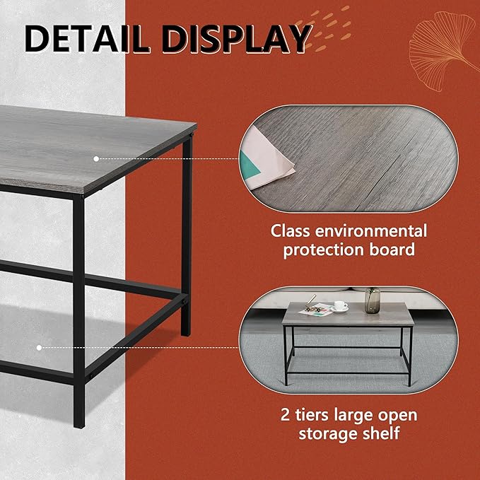 SENIG Small Coffee Table, Modern Industrial Style Rectangular Coffee Table, Grey Wood and Sturdy Metal Side End Table, Rustic Accent Functional Coffee Table for Living Room,31.5 x 20 x 16