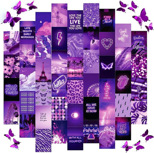 Artivo Purple Wall Collage Kit, 50 Set 4x6 Butterflies, Purple Black Pictures for Wall Decor, Posters for Room Aesthetic, Girls Room Decor, Cute Wall Decor for Teens