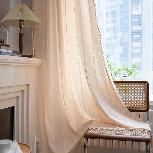 Sutuo Home Boho Curtains for Bedroom Dining Room Kitchen, Semi Blackout Linen Farmhouse Shabby Chic Tassels Window Treatment Bohemian Embroidery Drape, Rod Pocket 1 Panel 52" W x 63" L Champagne
