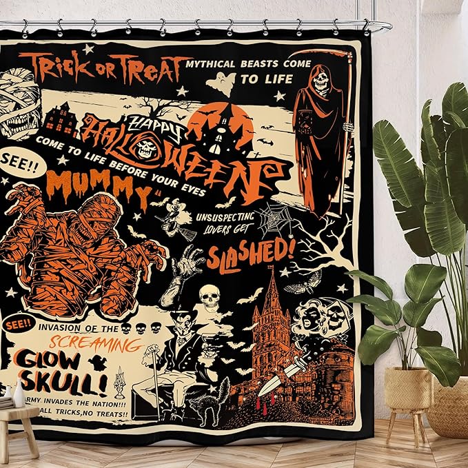 Halloween Horror Scary Shower Curtain 60Wx72L Inch Mummy Skull Spooky Trick Or Treat Vintage Gothic Retro Holiday Bathroom Set Accessories Decor with 12 Pack Hooks