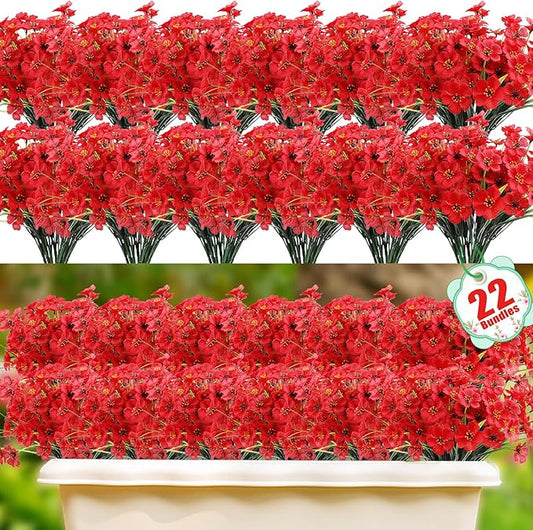 22 Bundles Artificial Flowers Outdoor, Faux Flowers UV Resistant with Plastic Plants, Faux Silk Flowers for Outdoors Outside Front Porch Hanging Planter Window Box Garden Decoration(Red)