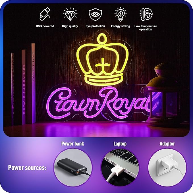 Crown Neon Sign for Wall Decor Beer Light Up Signs Whiskey LED Lights for Man Cave Bar Pub Store Party Club