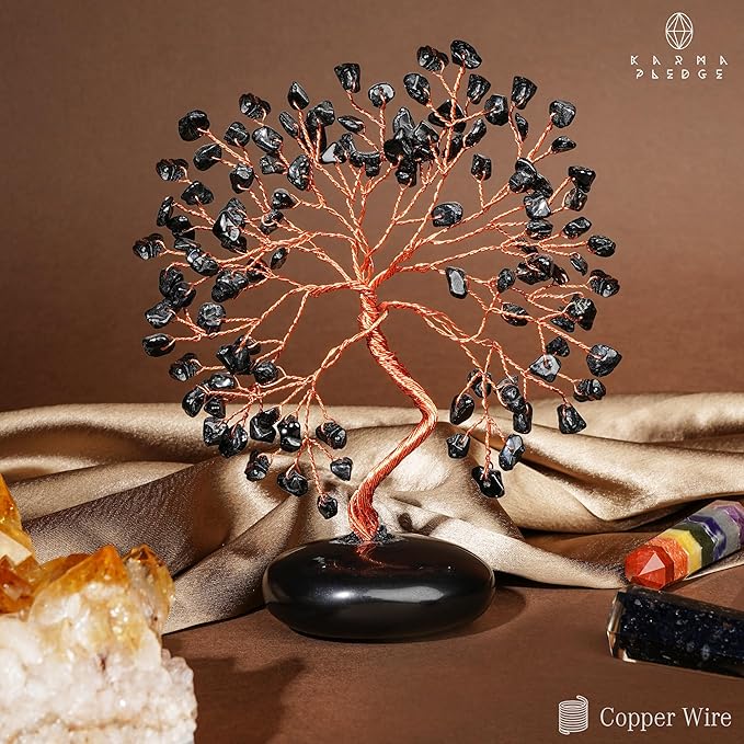 Black Obsidian Crystal Tree of Life Gifts for Women, Home and Office Desk Decor, 7 Chakra Reiki Healing, Tree for Positive Energy, Good Luck, Money, Meditation, Birthday Gifts