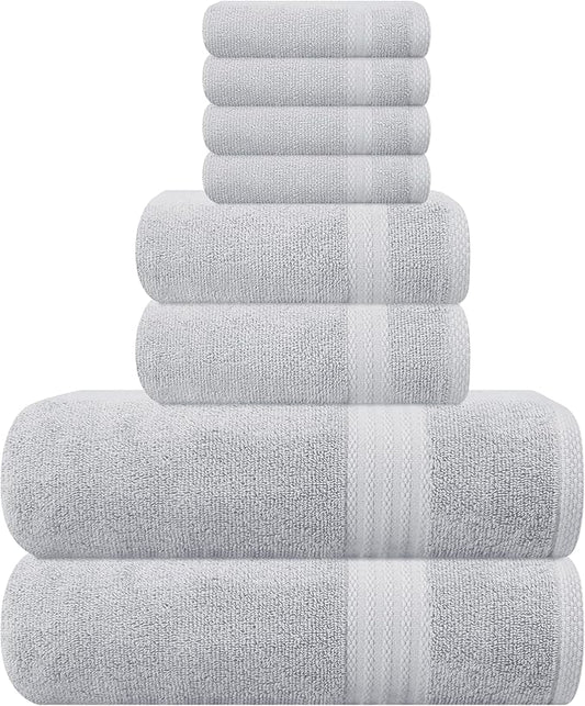 GLAMBURG Ultra Soft 8 Piece Towel Set - 100% Pure Ring Spun Cotton, Contains 2 Oversized Bath Towels 27x54, 2 Hand Towels 16x28, 4 Wash Cloths 13x13 - Ideal for Everyday use, Hotel & Spa - Light Grey