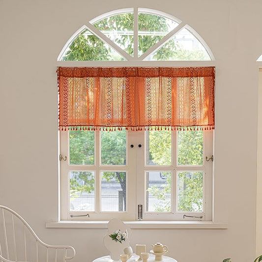 Sutuo Home Boho Valance Curtains Crochet Lace Sheer Bohemian Hollow Knitted with Tassels, Privacy Vintage Rustic Farmhouse Drapes for Kitchen, Rod Pocket 1 Panel 59" W x 36" L, Orange