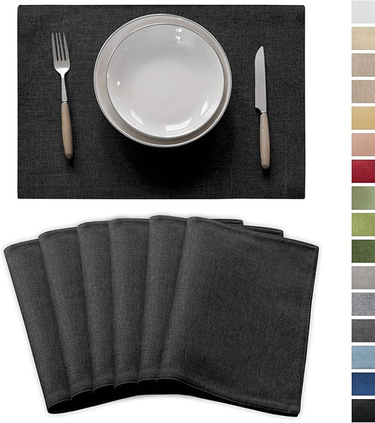 Demetex Cloth Placemsts Set of 6 Black Stain Resistaint Place Mats Oil Proof Washable Plate Mats for Dining Table Holiday Cafe Banquet, Black