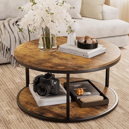YESHOMY 36“ Wood Round Coffee Table, Coffee Tables for Living Room, Metal & Wood Round Table, Small Space Solution for Living Room Furniture, Rustic Brown