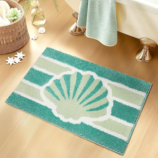 Green Beach Bathroom Rugs Non Slip Washable Cute Coastal Bath Mats Rugs for Bathroom Floor Nautical Fluffy Plush Soft Absorbent Farmhouse Carpet for Shower, Tub, 18x24 inch