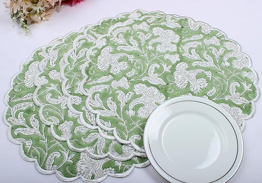Ridhi Bo-ho Round Place Mat Double Layer Floral Cotton Washable Placemats 15" Round Embroidery Block Print Table Mat (Pack of 4-15 Inch Round, Sage Green)