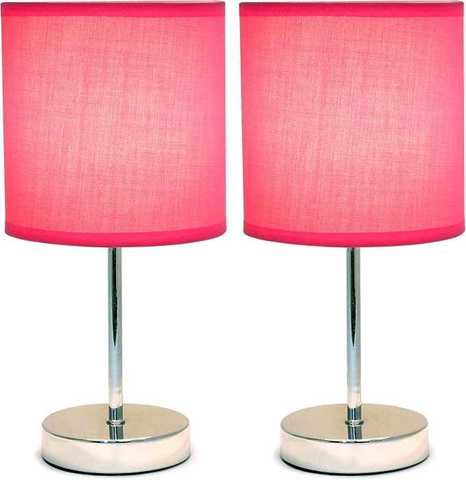 Simple Designs LT2007-HPK-2PK Chrome Mini Basic Table Lamp with Fabric Shade 4 Pack Set, Hot Pink