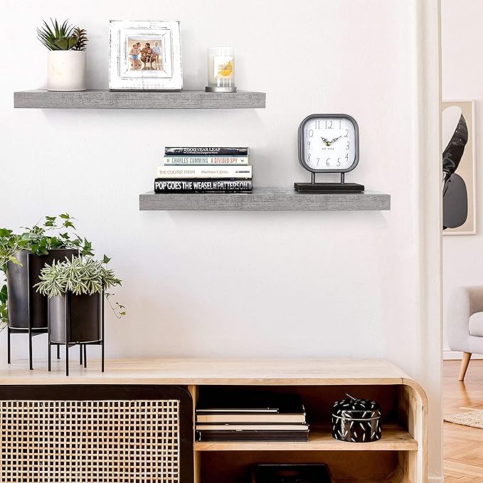 Floating Wall Shelves, 24” Hanging Shelf Set for Living Room, Office, Kitchen, Bathroom &, Perfect Home Room Wall Decor, Rustic Pattern Designed – (Rustic Whitewash Grey 24")