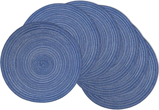Braided Round Placemats Set of 6, Woven Washable Non-Slip Table Mats for Kitchen Dining, 14.5 Inch, Heat Resistant - Natural Fabric Indoor Outdoor Place Mats(Blue)